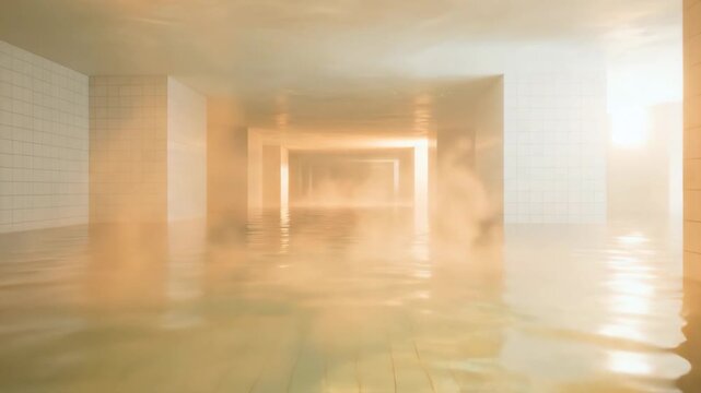 Eerie Liminal Space with Golden Water Reflections