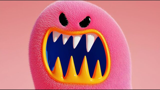 Colorful cartoon monster with vibrant pink fur and exaggerated features, showcasing a fierce expression, as the camera zooms in to highlight its playful yet intimidating character design