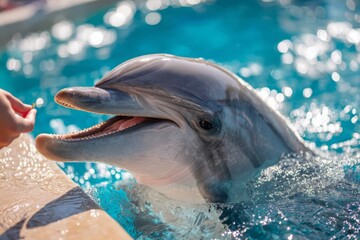 Naklejka premium Close-up of a happy bottlenose dolphin being hand-fed in bright blue water
