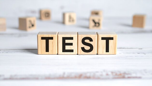 Wooden blocks spelling out the word TEST on a white wooden surface