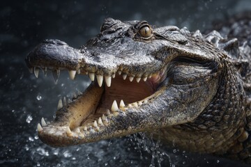 Obraz premium Powerful alligator in water, mouth wide open, sharp teeth, intense gaze.