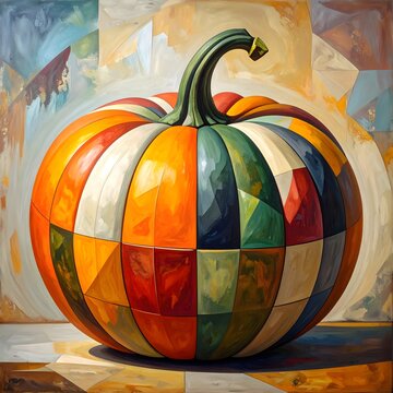 Colorful patchwork pumpkin in an abstract cubist style painting.
