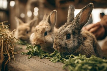 Fototapeta premium Adorable young rabbits munching fresh green vegetables on a rustic farm.