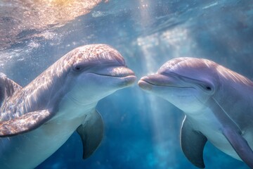 Naklejka premium Two friendly dolphins underwater, gracefully bathed in golden sunlit rays.