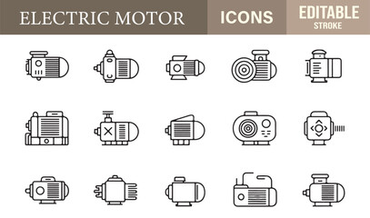 Editable outline vector icons of electric motors and mechanical components for industrial and engineering designs.