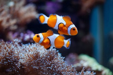 Two vibrant clownfish swim gracefully near their protective anemone home in a colorful underwater world.