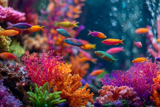 Colorful tropical fish in vibrant coral reef ecosystem, lively aquarium scene. - Powered by Adobe