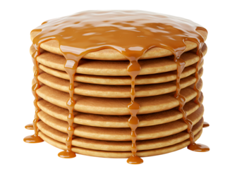 Stack of pancakes with caramel dripping temptation