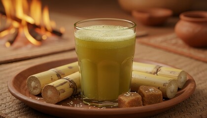 Fresh sugarcane juice served in glass with green straw on tray  