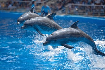 Fototapeta premium Three dolphins leap gracefully from bright blue water during an exciting performance show