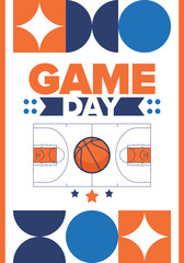 Game Day. Basketball playoff in March. Super sport party in United States. Final games of season tournament. Professional team championship. Ball for basketball. Sport poster. Vector