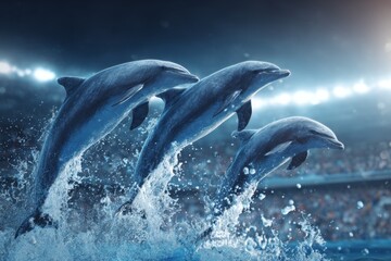Obraz premium A spectacular show of three powerful dolphins leaping from the water with splashes