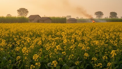 Rural landscape with yellow mustard flowers