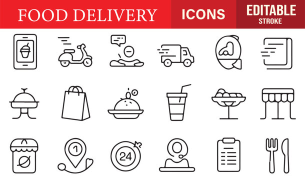 Outline vector pack featuring courier, map, and restaurant icons for food transport and takeaway designs.