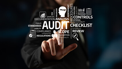 A businessman interacts with key concepts of auditing, emphasizing compliance, assessment, and...
