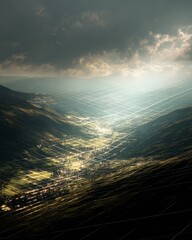 Sunlight refracts into geometric grid patterns across a valley, creating an abstract interplay of light and structure.