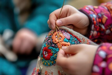 Artisan's Delicate Touch: A close-up view captures a moment of focused artistry as hands deftly manipulate needle and thread to create an intricate embroidery on textured fabric.