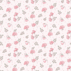 Hand drawn flower pattern, floral seamless pattern, cottagecore ditsy tile print, sweet flower print on light  background. Small flower style, pink color, design for fashion, texture, fabric