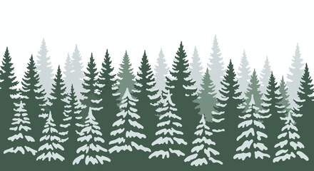 Vector illustration of a winter pine forest landscape with snow-covered trees. A seamless horizontal border design element on a white background