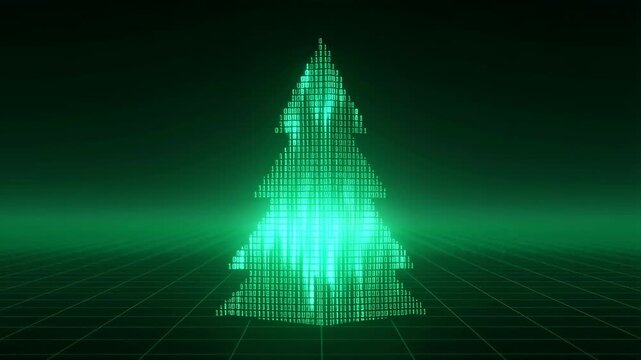Digital Christmas tree glowing in green binary code creates a festive atmosphere