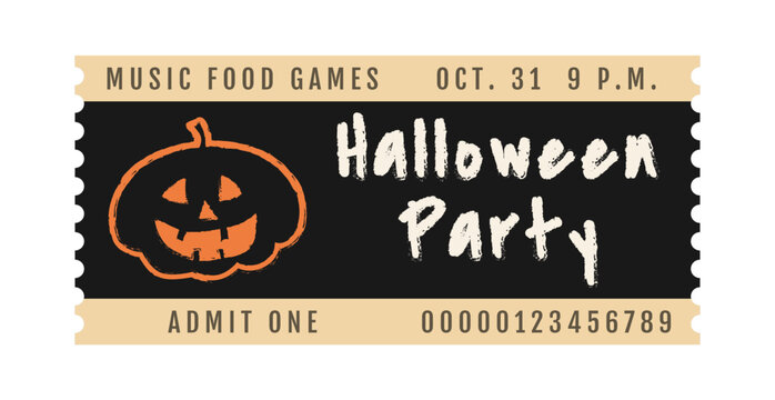 Halloween party ticket template. Holiday event admission, admit one. Festive typography and scary pumpkin on dark background. Vector layout for themed events, promotions and entertainment.