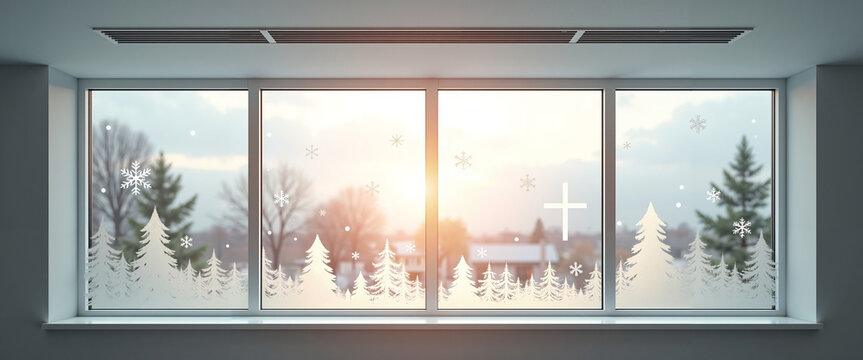 Festive hospital window with snowflakes and medical cross at sunset  