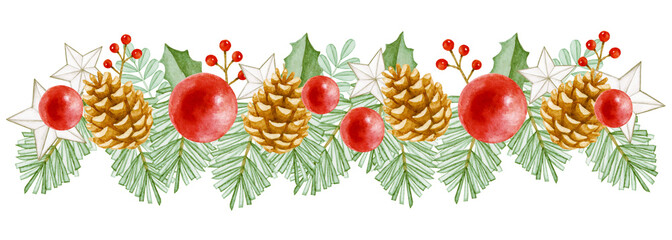 クリスマスオーナメントと植物の飾り　水彩 イラスト