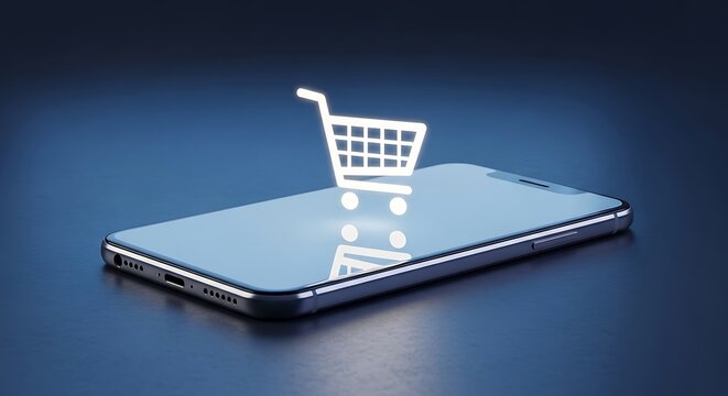 Glowing shopping cart icon floating above a modern smartphone, symbolizing online shopping and mobile commerce.