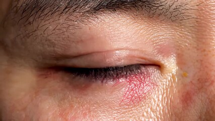 Close-up examination of an irritated eye at home in the early evening