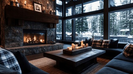 Cozy Retreat: A warm, inviting fireplace crackles with a cozy ambiance in a modern lodge interior. Large windows offer breathtaking views.