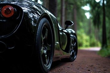Black Car in the Woods: The sleek, black sports car is poised on a forest trail, it's silhouette a study in elegance against the verdant woodland. A perfect blend of nature and technological.