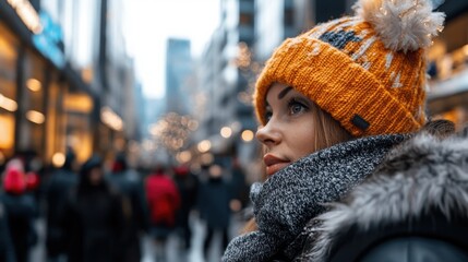A Woman's City Stroll: A woman, warmly wrapped in a beanie and scarf, pauses amidst a bustling city street. Her gaze, filled with thought, reflects the vibrant energy of the urban environment.