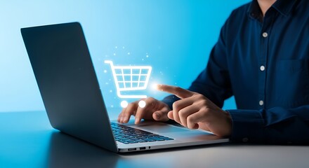 Person interacting with a laptop, touching a glowing shopping cart icon on the screen, representing online commerce and digital business.