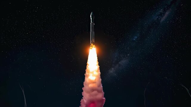 Rocket launch at night with brilliant flames and smoke lighting up the sky over the launch site