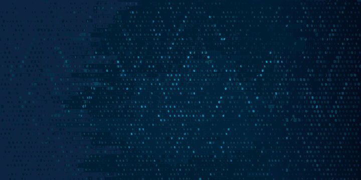 Abstract digital data stream pattern with glowing blue dots on a dark blue background