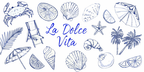 La dolce vita collection of beach and summer icons in blue watercolor style © RanjanKumar