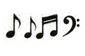 Hand-drawn bass clef and musical notes illustrating sound, melody, and harmony on a transparent background