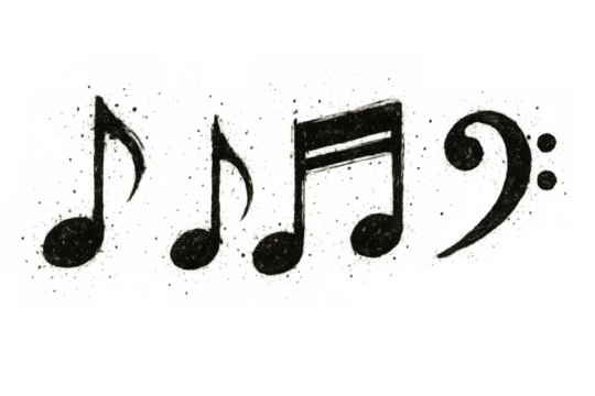 Hand-drawn bass clef and musical notes illustrating sound, melody, and harmony on a transparent background