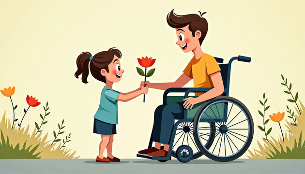 Family Caregivers Month. A young girl giving a flower to a smiling man in a wheelchair, symbolizing kindness and connection