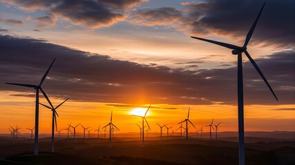 Obraz premium Wind farm turbines silhouetted against a dramatic sunset sky