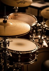 Obraz premium Close-up of a drum set with cymbals and various drums.