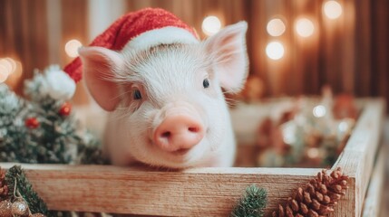 christmas Festive pig wearing a Santa hat in a cozy setting.