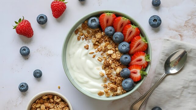 Overhead view of a healthy yogurt bowl with strawberries, blueberries and granola breakfast