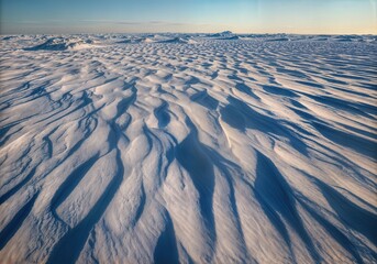 Windswept Snow Formations Sastrugi with Sculptural Ridge Patterns and Strong Side Lighting Creating Dramatic Shadows