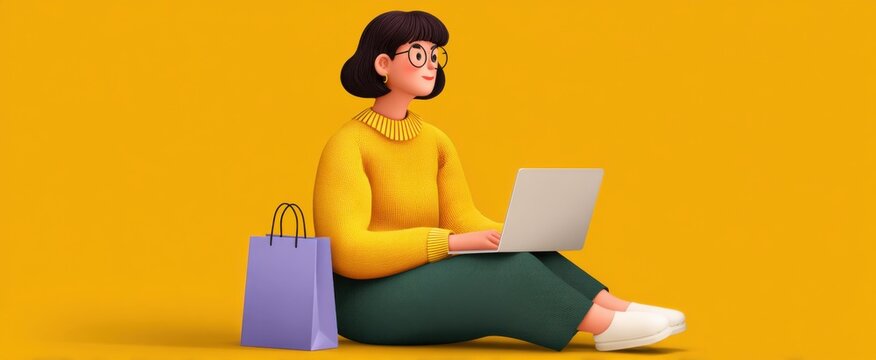 Woman in a yellow sweater surfing the web waves shopping online with a laptop.