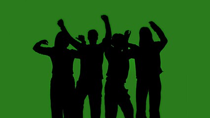 Black isolated silhouettes of people dancing cheerfully on a green chroma key background. Minimalist contrast and modern visual composition, mockup.