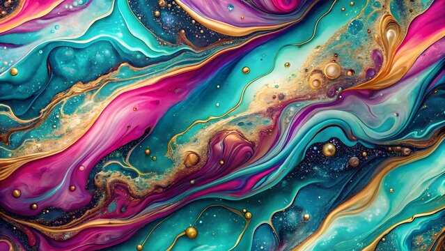 Vibrant abstract fluid art with swirling colors and gold accents