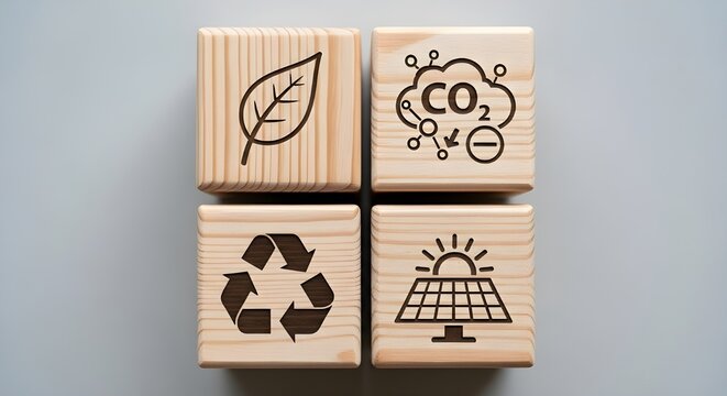 Four wooden blocks representing environmental concepts