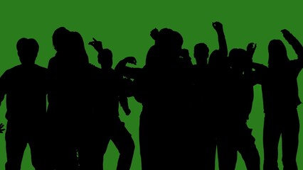 Black isolated silhouettes of people dancing cheerfully on a green chroma key background. Minimalist contrast and modern visual composition, mockup.