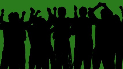 Black silhouettes of a group of people cheerfully celebrate their victory against a green chroma key background. Minimalist contrast and modern visual composition, mockup.